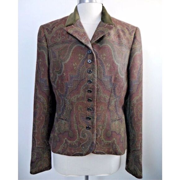 RALPH LAUREN Black Label Jacquard Print Jacket Blazer with Velvet Collar Size 10 - Picture 1 of 11